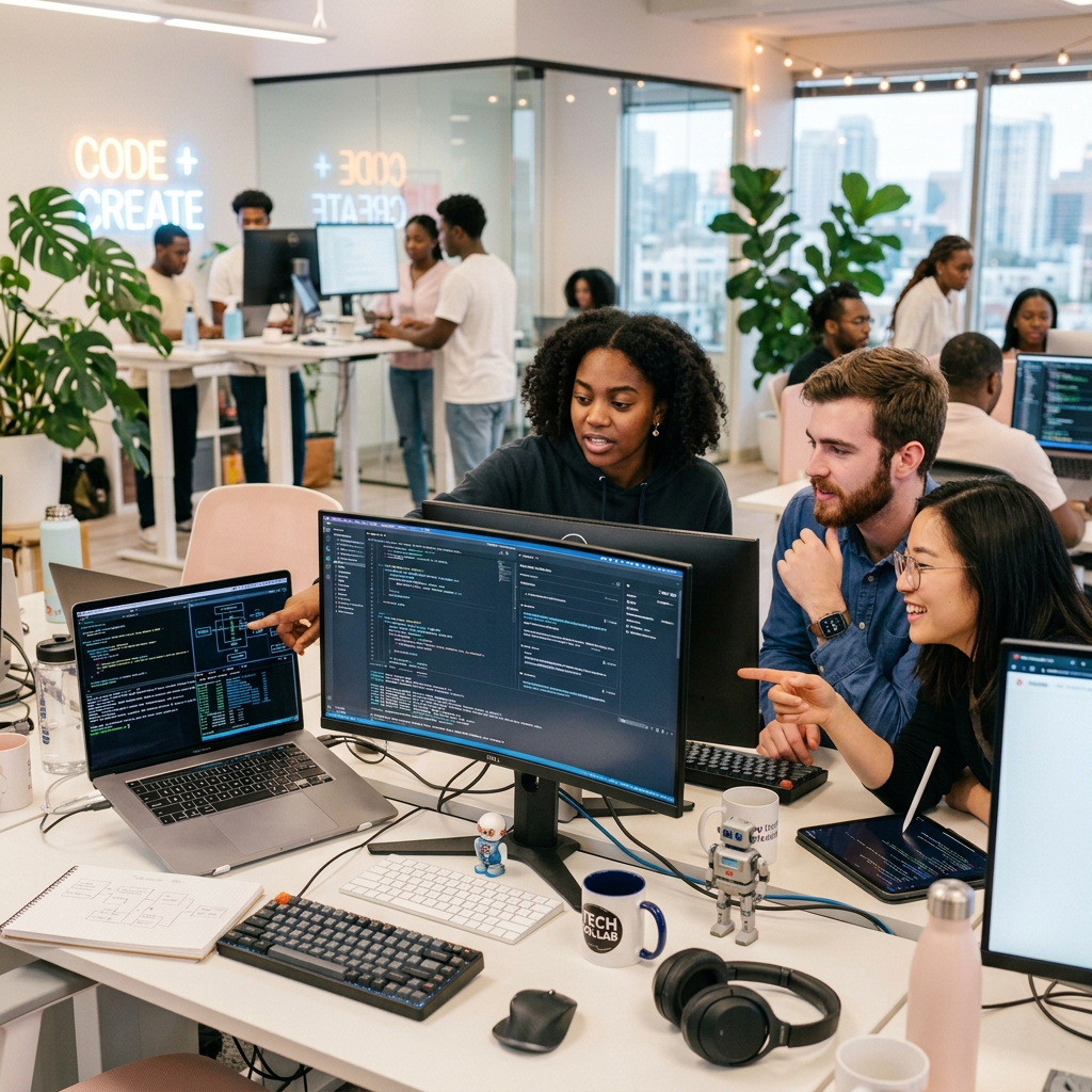 Developers collaborating around computer monitors in a modern tech office